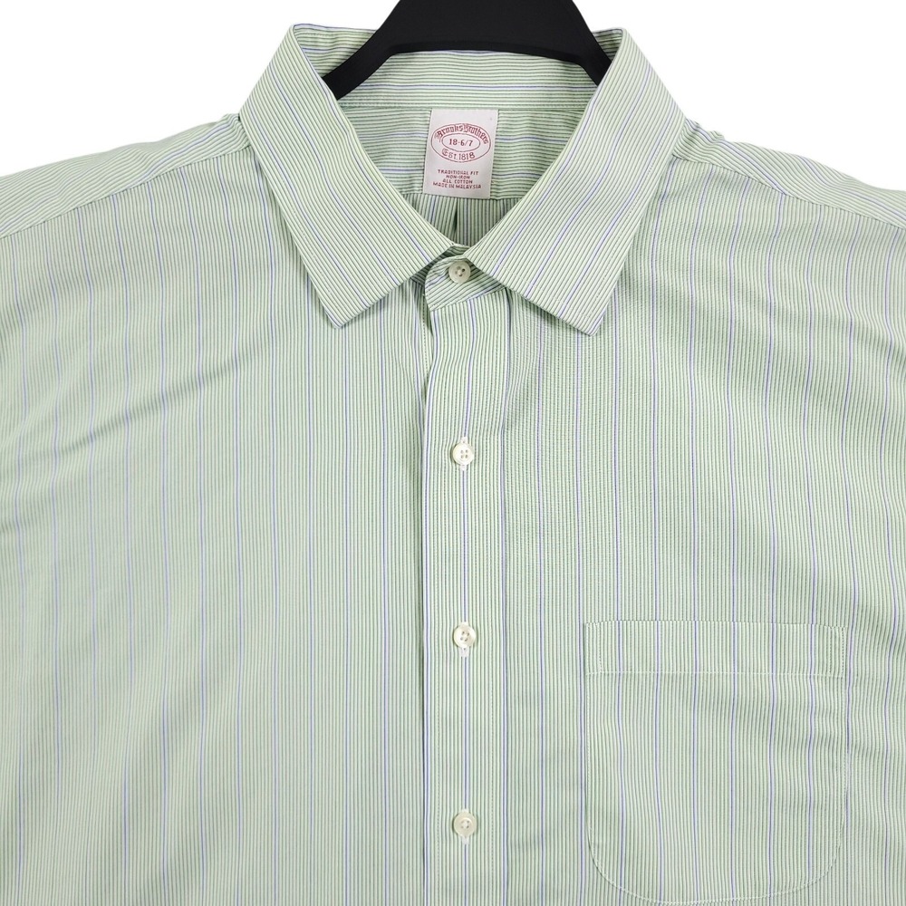 Brooks Brothers Dress Shirt Men 18 36/37 Green Stripe Traditional Non Iron